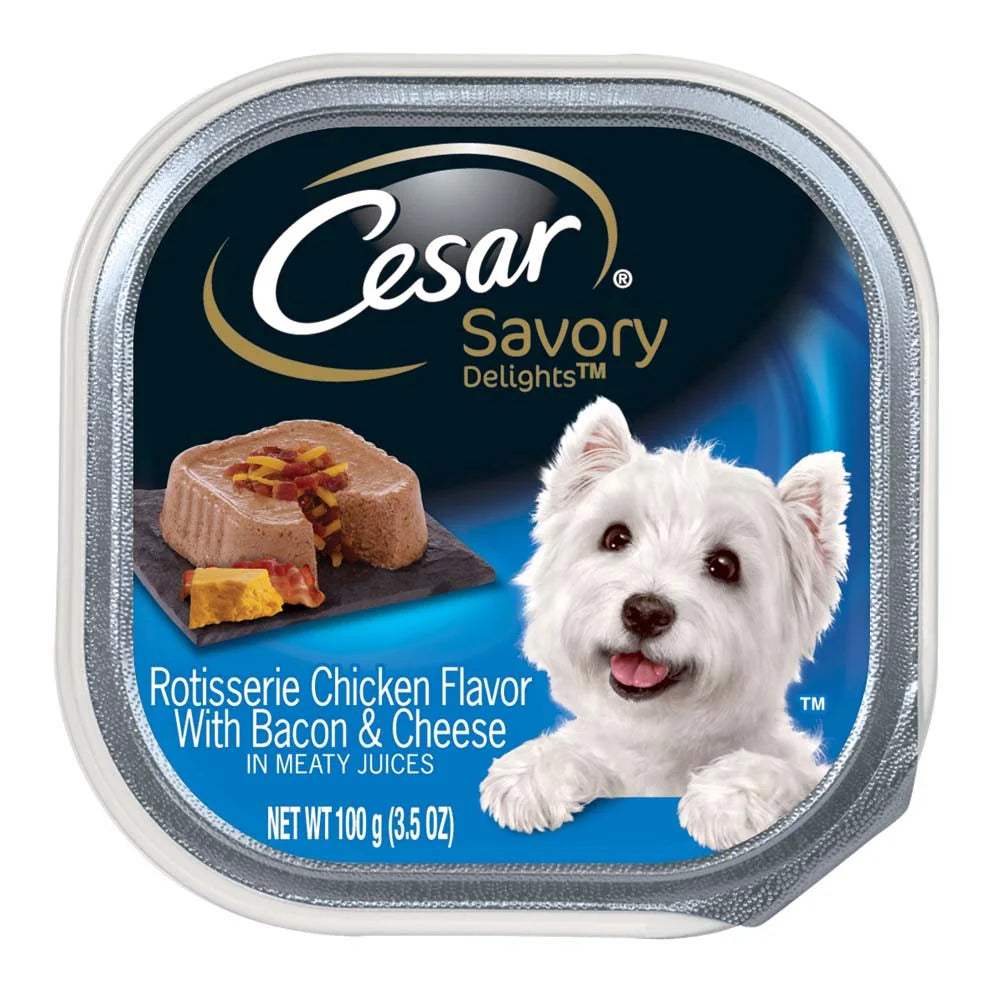 Cesar Loaf & Topper in Sauce Adult Wet Dog Food Rotisserie Chicken w/Bacon & Cheese 3.5oz 24pk